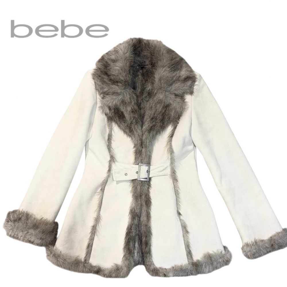 BEBE suede and faux fur trimmed belted Jacket SZ M - Picture 11 of 16